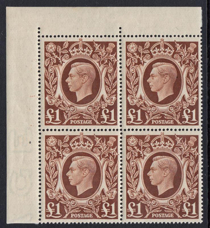 GB KGVI 1939-1948 £1 Brown Corner Block x 4 SG478c Mint Never Hinged MNH UMM