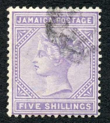 Jamaica SG26 5/- Lilac Wmk Crown CA Perf 14 Cat 95 Pounds 