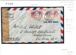 HONG KONG WW2 AirMail 1941 $3.50 Rate KGVI Franking Cover CANADA Vancouver Y148