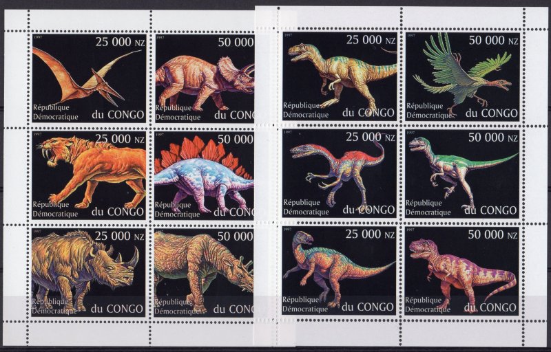 Congo 1997 DINOSAURS-PREHISTORIC ANIMALS 2 Sheetlets of 6 values each MNH