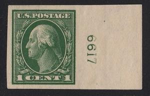 1912 Sc 408 green imperf plate number MNH XF  CV $24