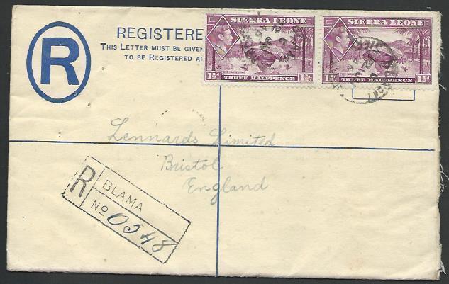 SIERRA LEONE 1946 Uprated 3d Registered envelope used BLAMA to UK..........56420