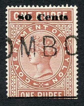 Ceylon QV SGT92 80c on 1r Red-brown Telegraph Stamp Wmk Crown CA (Narrow) 