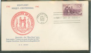 US 904 1942 3c Kentucky Sesquicentennial  (single) on an unaddressed FDC with a Grandy cachet.