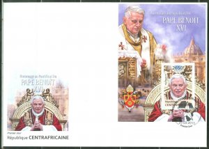 CENTRAL AFRICA 2013 HOMMAGE TO POPE BENEDICT XVI  SOUVENIR SHEET FIRST DAY COVER