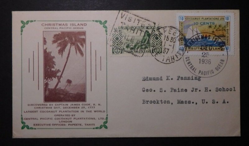 1936 Christmas Islands Cover To Usa Via Papeete Tahiti Coconut Plantation Stamp 