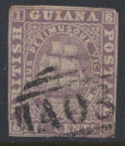 British Guiana SG 36  SC#21a  spacefiller  lilac cut perfs  see scans  AO can...