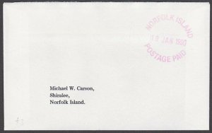 NORFOLK IS 1990 local cover : POSTAGE PAID cds.............................A727