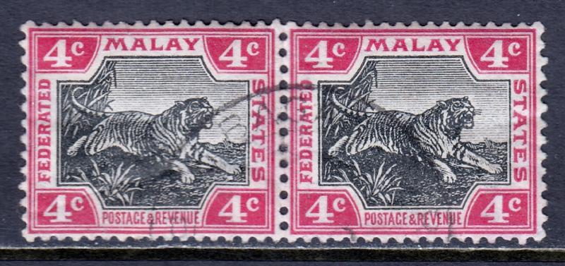 Malay Federated States - Scott #28 - Tiger - Used CTO Pair - Crease - SCV $2.00