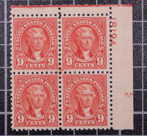 Scott 590 9 Cents Jefferson MNH Plate Block UR #18194 SCV $225.00