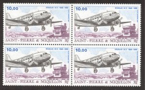 St Pierre & Miquelon Scott C63 MNHOG Block of 4 - 1988 10fr Douglas DC3 Issue