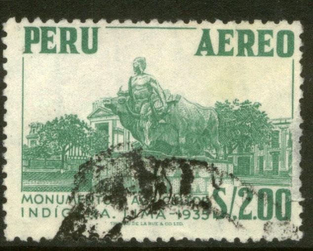 Peru C185, $2S Native farmer monument. Used. (332)