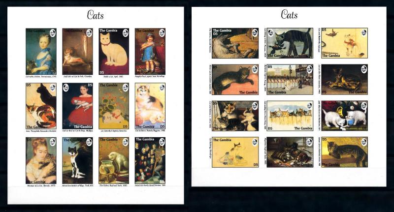 [76932] Gambia 1994 Cats Paintings Picasso Renoir 2 Imperf. Sheets MNH