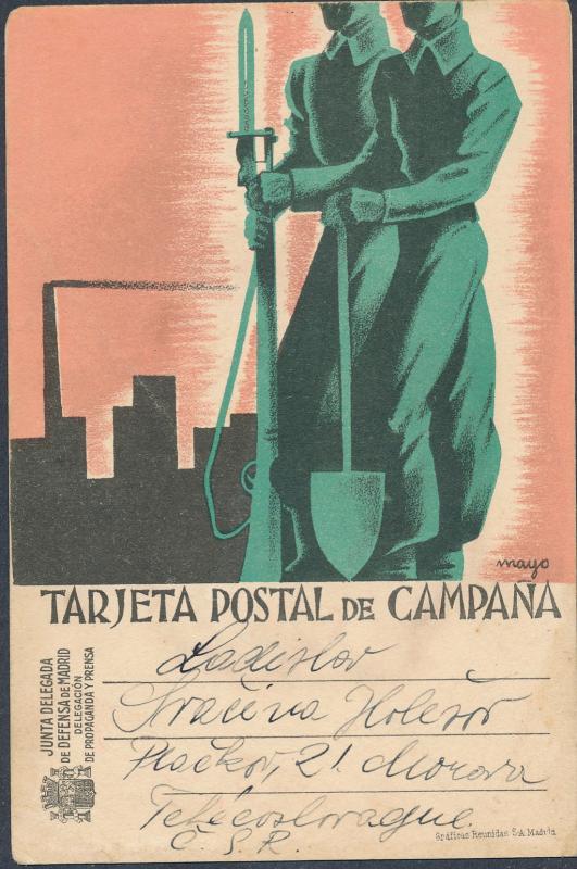 1937 Defense of Madrid Spain Postcard Cover Czechoslovakia Civil War