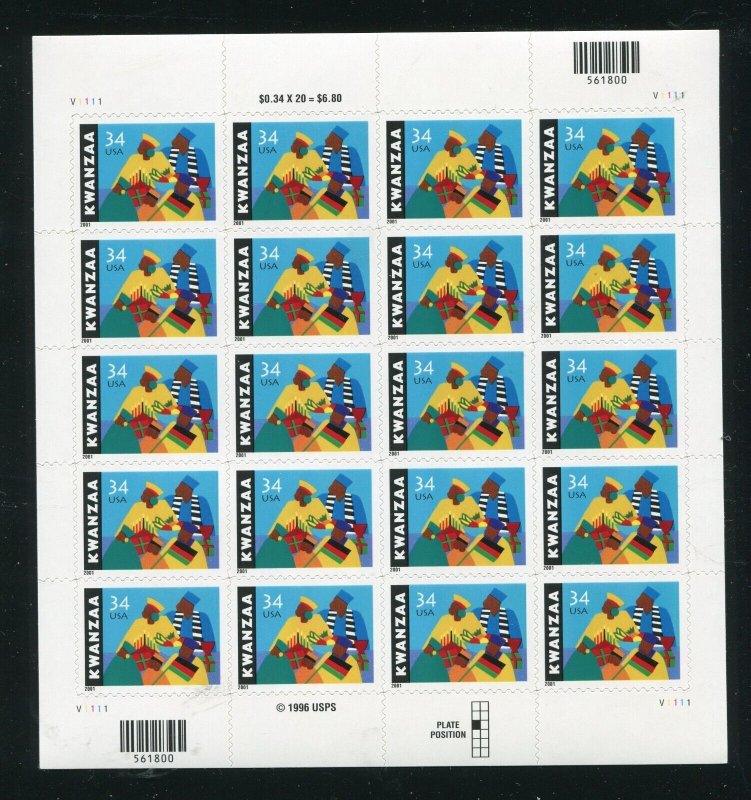 3548 Kwanzaa Sheet of 20 34¢ Stamps MNH 2001