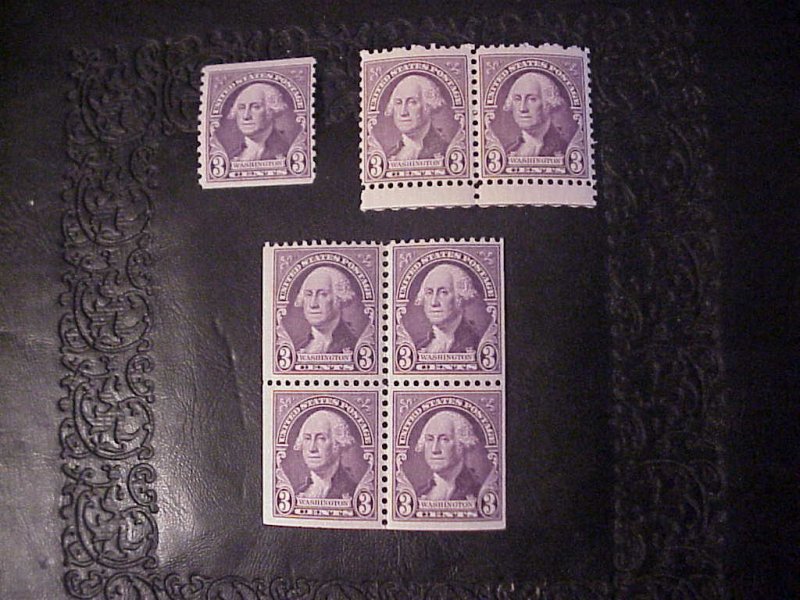 1932 3 CENT WASHINGTON SET BLOCK OF FOUR AND HORIZONTAL PAIR  MINT/NH SCOTT 722