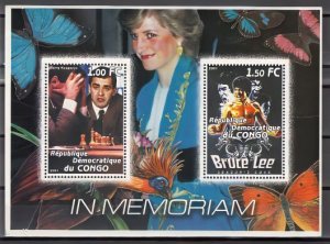 Princess Diana-Bruce Lee-Gary Kasparov CHESS -Butterflies-Parrot S/S Congo