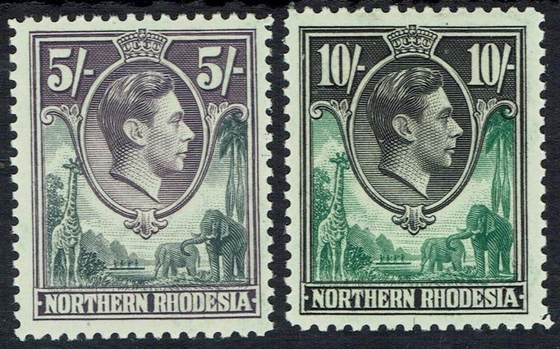 NORTHERN RHODESIA 1938 KGVI GIRAFFE AND ELEPHANTS 5/- AND 10/-