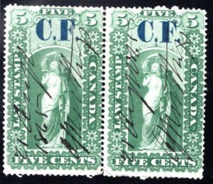 van Dam OL1, 5c used, C.F., horiz. pair, ms cancels, Ontario Law Revenue, Canada