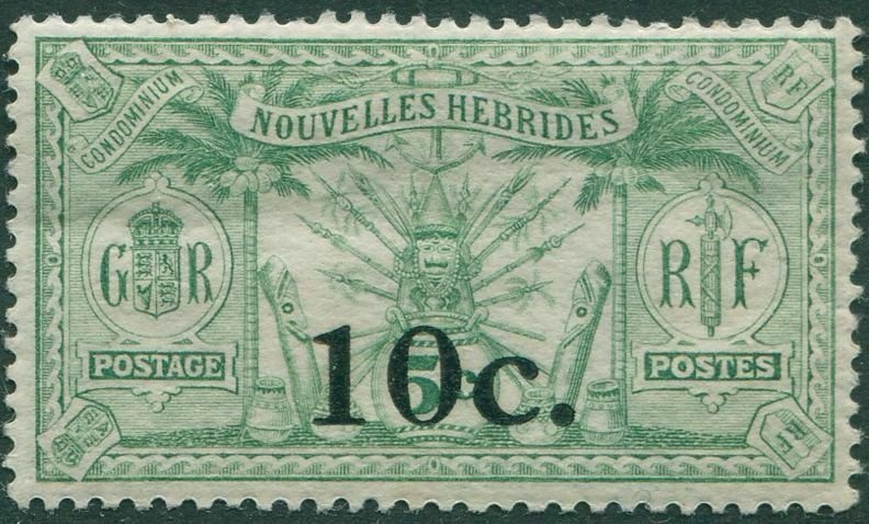 New Hebrides French 1924 SGF38 10c on 5c green Weapons Idols MNH