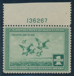 #RW4 $1 DUCK STAMP WITH PLATE NUMBER -- XF OG NH -- HV256