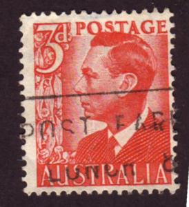 Australia 1951 Sc#235, SG#235 3d Red KGVI  Kings, Royalty USED.