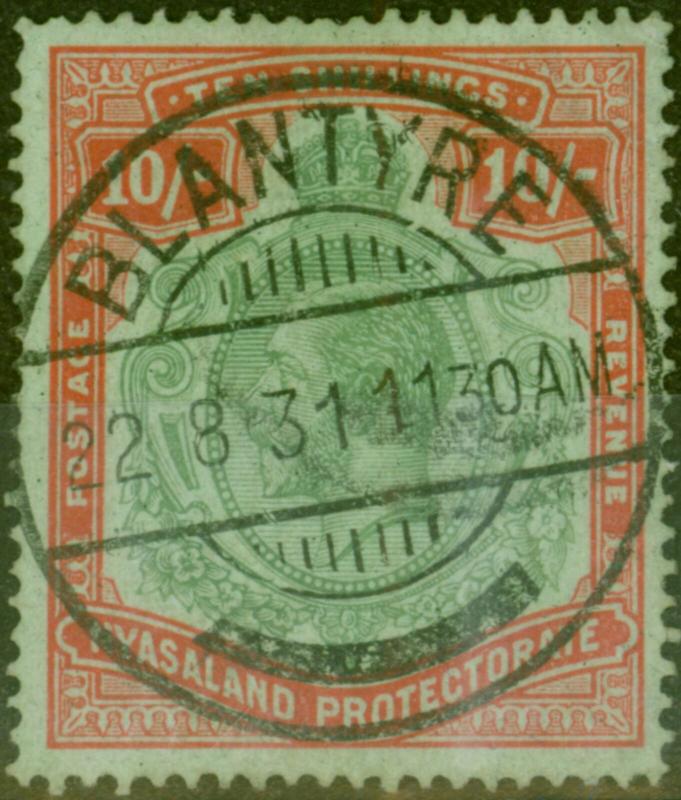 Nyasaland 1926 10s Green & Red-Pale Emerald SG113 Superb Used