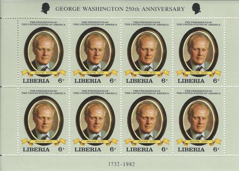 LIBERIA 1982 6c Gerald Ford Miniature Sheet of 8 Sc 934 MNH