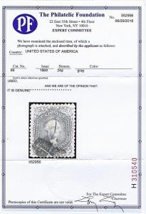 SC# 99 USED 24 CENT WASHINGTON, 1869, LIGHT CANCEL, 2018 PF CERT