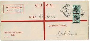 South Australia 1895 Adelaide cancel on registered OHMS cover, pair SG O51