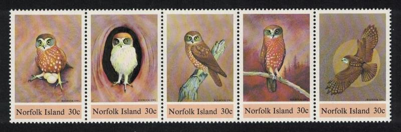 Norfolk Birds Boobook Owl strip of 5 SG#338-342 SC#343