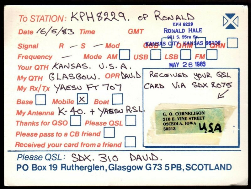 QSL QSO RADIO CARD Scottish DX Club,Saltire,David, Glasgow Scotland (Q3872)