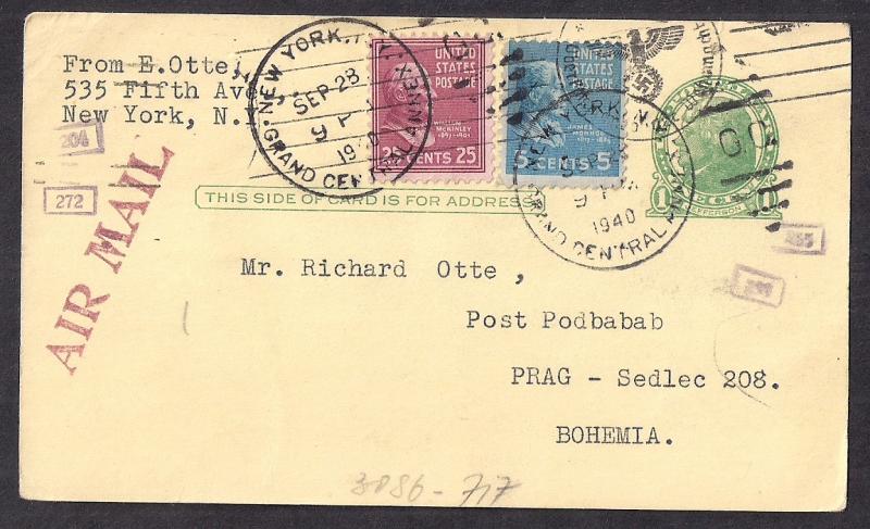 RARE AIRMAIL #UX27 to RICHARD OTTE top notch usage w #829 VF 1940 Interesting