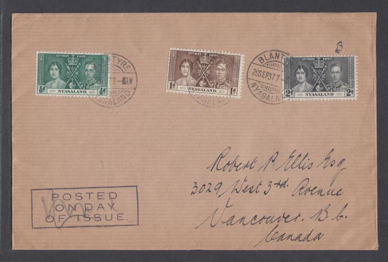 Nyasaland Sc 51-53 FDC. 1937 Coronation, cplt set on Selfridge & Co cover