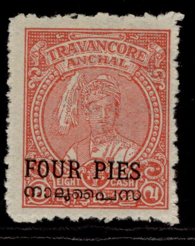 INDIAN STATES - Travancore-cochin GVI SG2, 4p on 8ca carmine, M MINT.