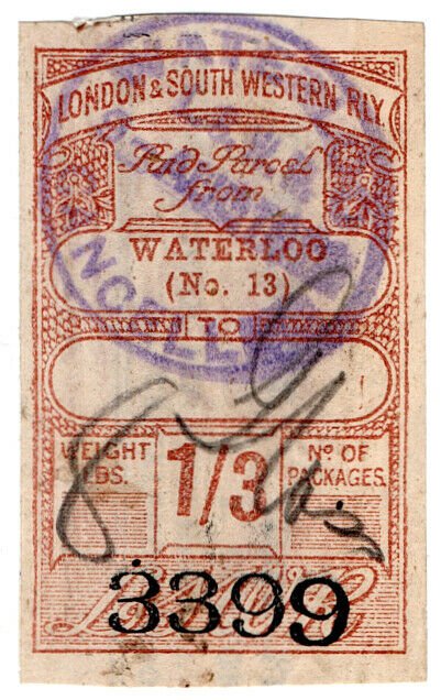 (I.B) London & South Western Railway : Paid Parcel 1/3d (Waterloo) 