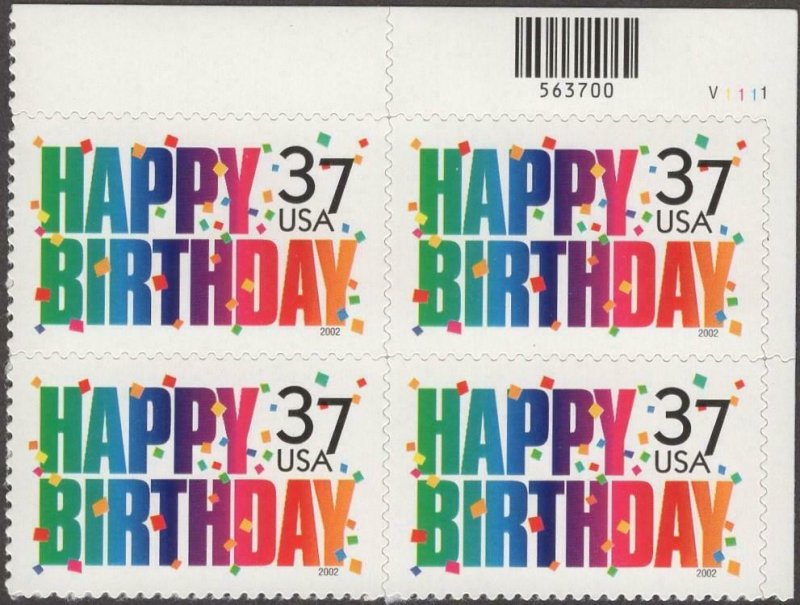Scott # 3695 - US Plate Block Of 4 - Happy Birthday - MNH - 2002