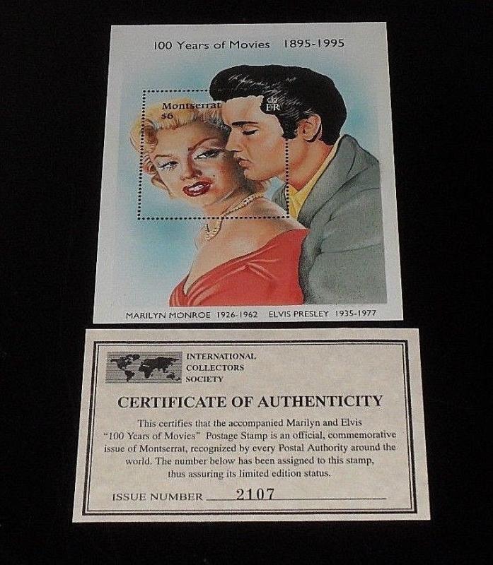 1995, MONTSERRAT, MARILYN MONROE, LIMITED EDITION, $6 SOUVENIR SHEET, W/COA