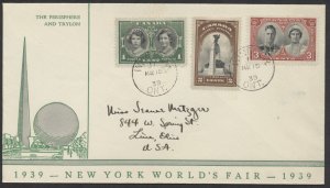 1939 #246-248 Royal Visit FDC New York World's Fair Cover Windsor ONT CDS