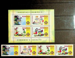 ROMANIA Sc 4732-5+4735b NH STRIP+SOUVENIR SHEET OF 2005 - SCOUTS