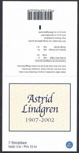 Sweden #2431h Astrid Lindgren Writer Booklet Postage Stamps Europe 2002 Mint NH