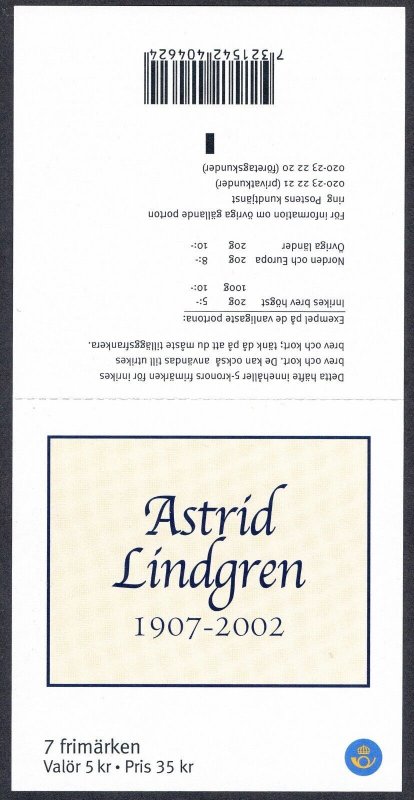 Sweden #2431h Astrid Lindgren Writer Booklet Postage Stamps Europe 2002 Mint NH