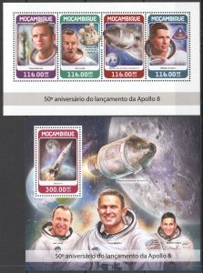 HM1305 2018 MOZAMBIQUE APOLLO 8 LOVELL BORMAN ANDERS SPACE #9614-7+BL1363 MNH