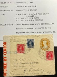 1942 Landour India Censored Postal Stationery Cover To Barberton OH USA