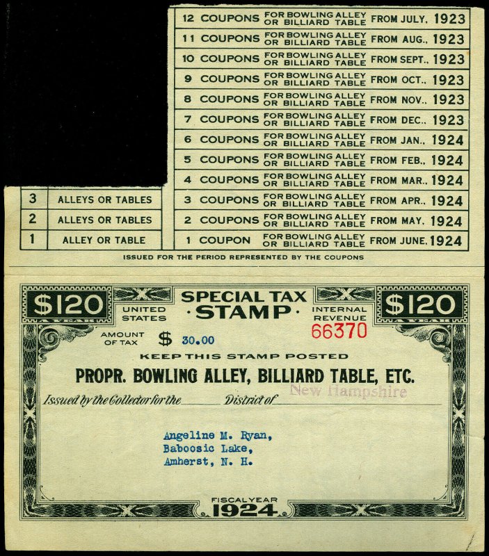 U.S. REV. STAX -PROP. BOWLING ALLEY FYE 1924  Used (ID # 61905)- L