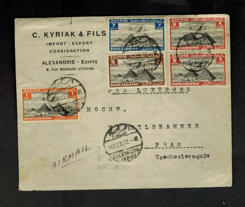 1936 ALexandria Egypt Airmail Cover to Prague Czechoslovakia