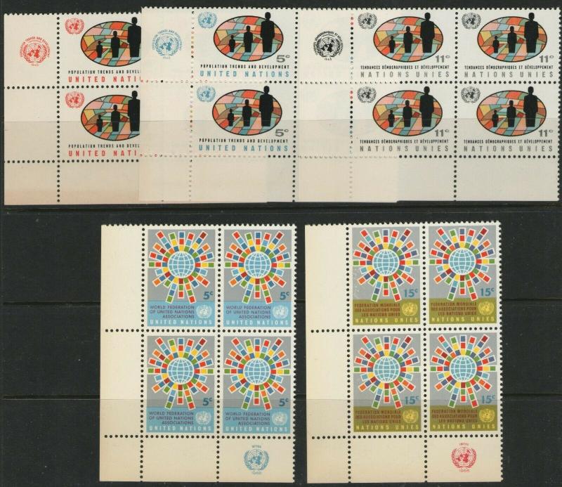 UN NY MNH Scott # 151-155 Population, WFUNA Inscription Blocks (16 Stamps) -1