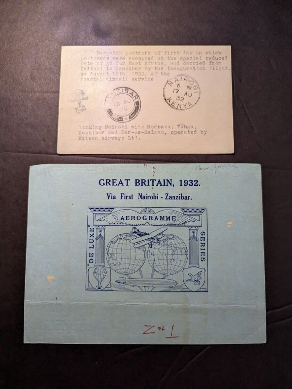 1932 England Airmail Postcard Cover London to Zanzibar British 1 of 12 Flown