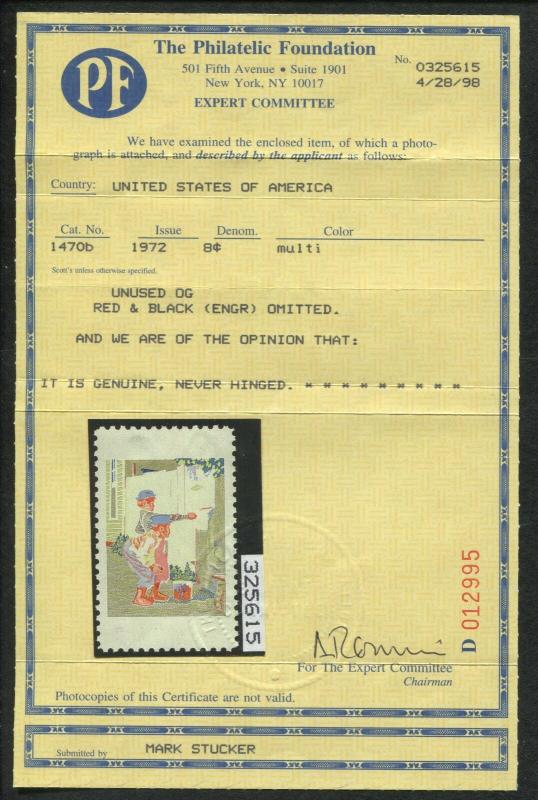 1972 United States Postage Stamp #1470b Mint Engraving Missing Error Certified