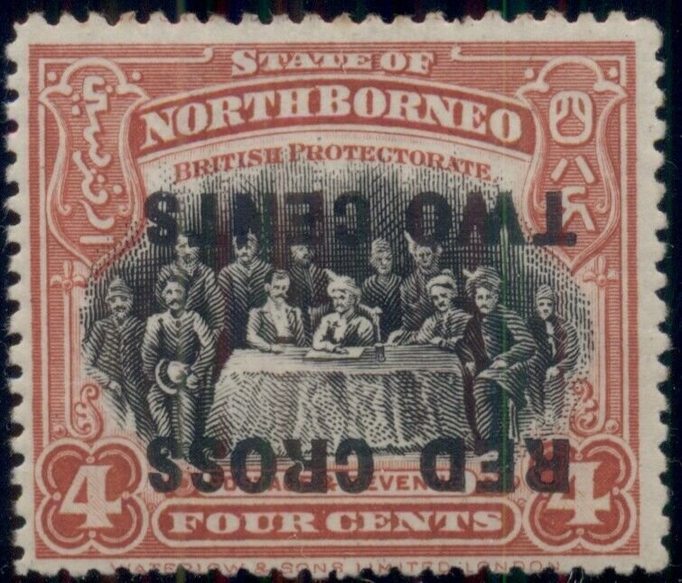 NORTH BORNEO #B17a, 4¢ + 2¢ INVERTED Surcharge, og, NH, fault, B.P.A. cert